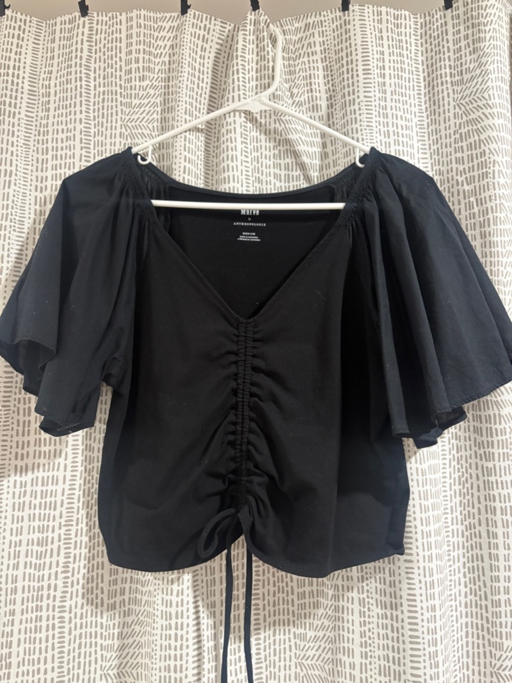 Anthropologie Black Ruched V-Neck Puff Sleeve Top